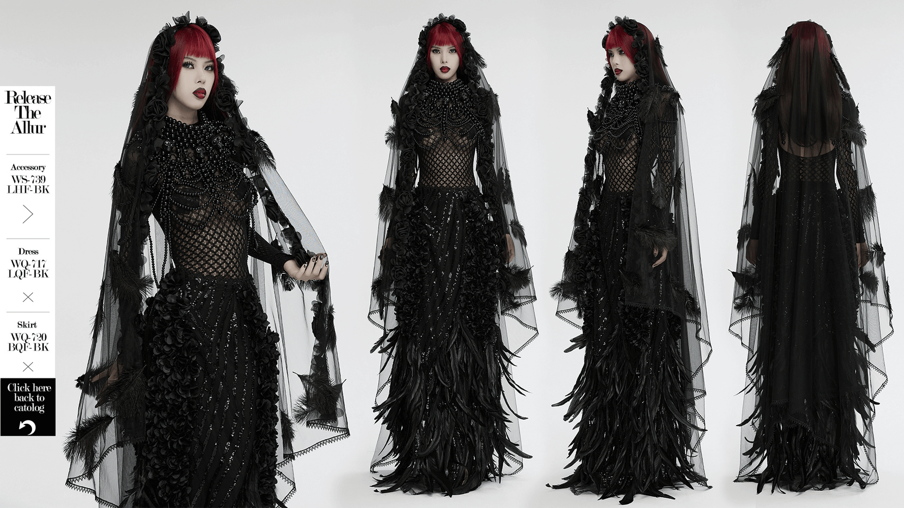 Gothic Mesh Veil with Feather and Rose Accents