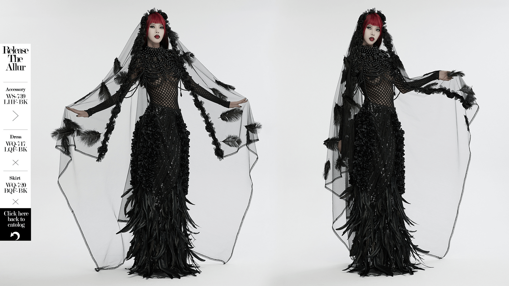 Gothic Mesh Veil with Feather and Rose Accents