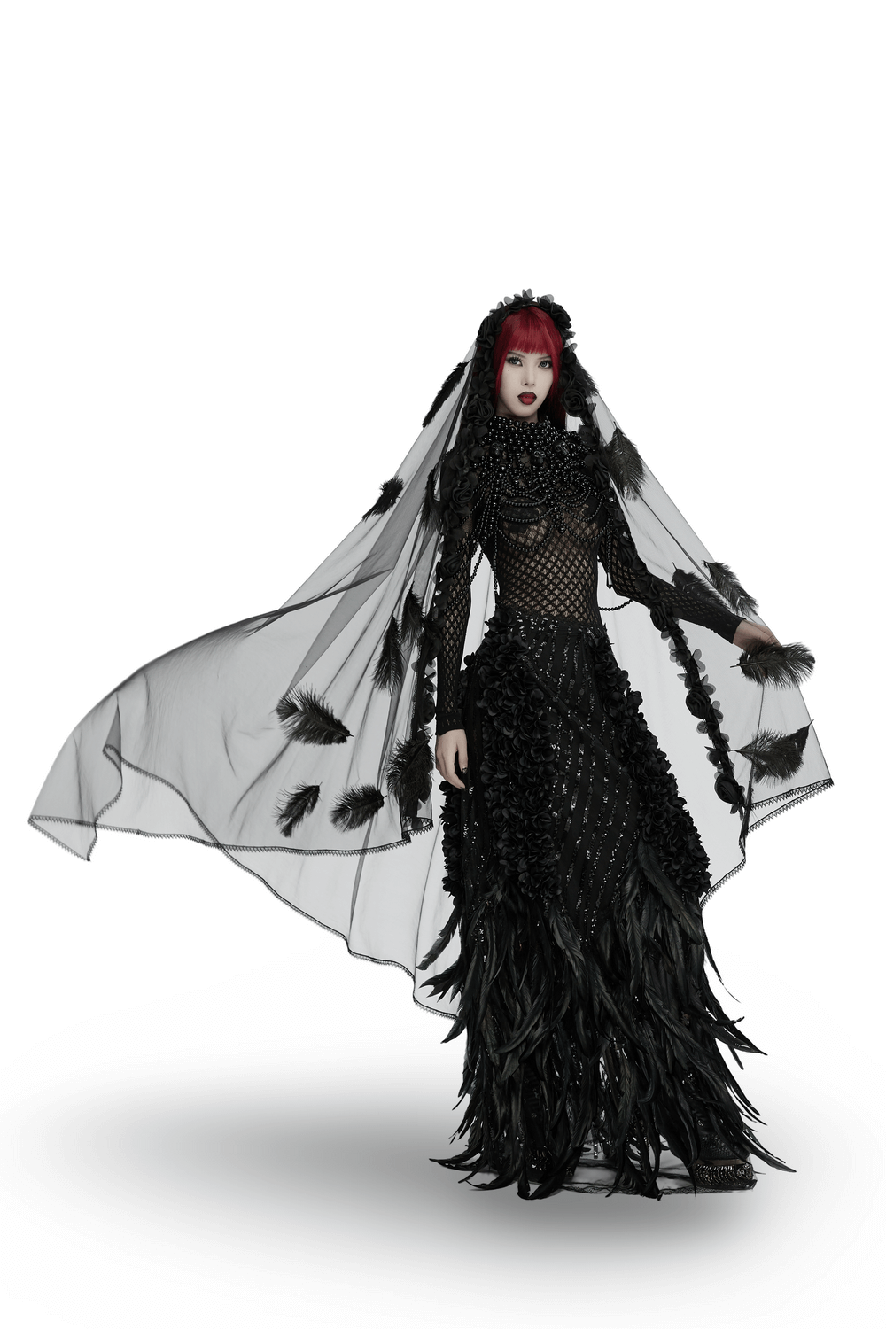 Gothic Mesh Veil with Feather and Rose Accents