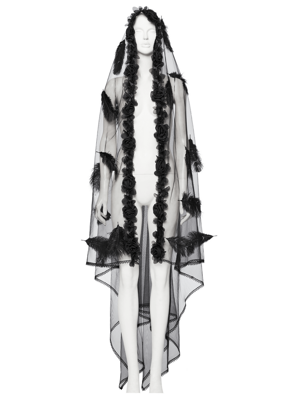 Gothic Mesh Veil with Feather and Rose Accents