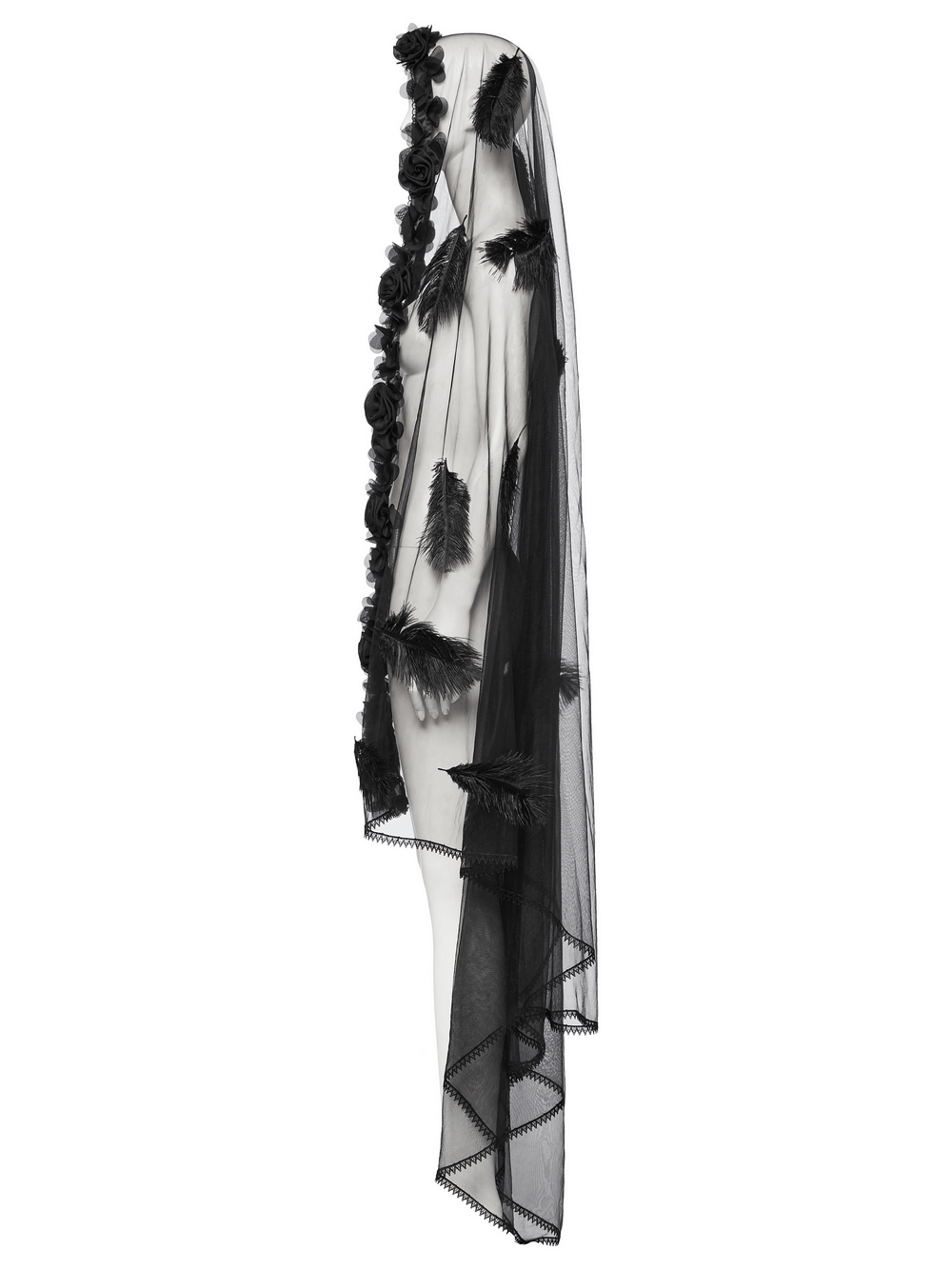 Gothic Mesh Veil with Feather and Rose Accents