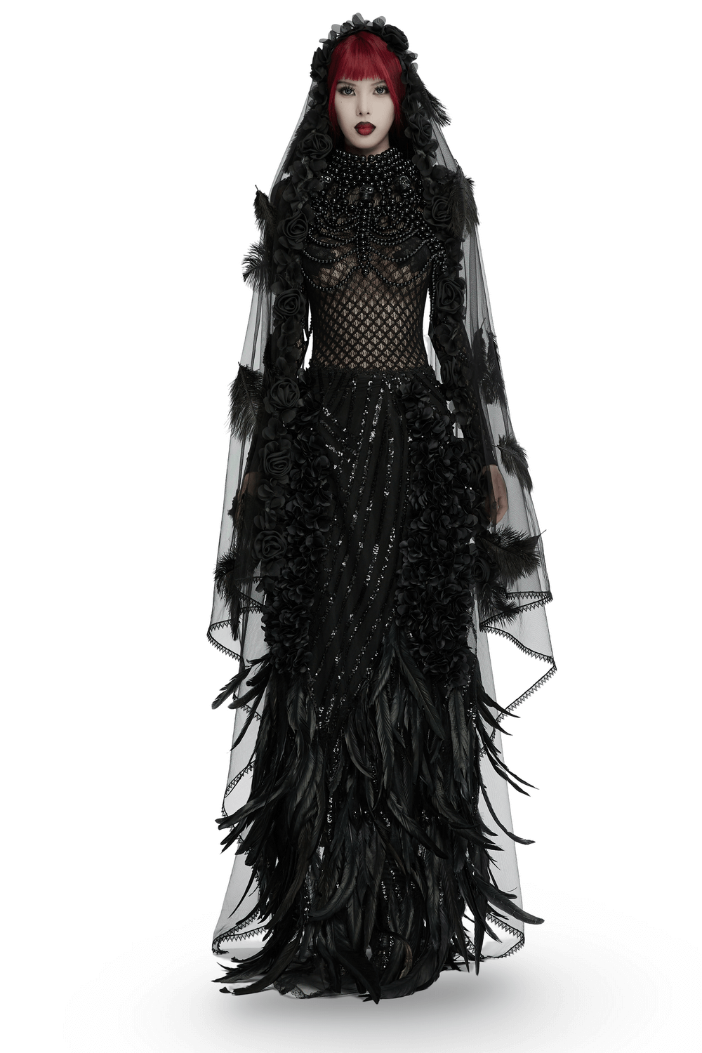 Gothic Mesh Veil with Feather and Rose Accents
