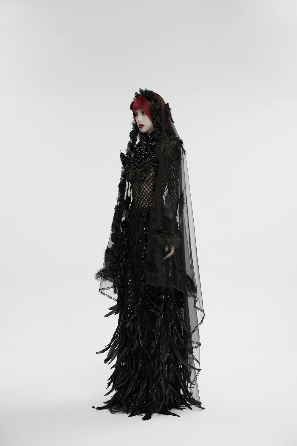 Gothic Mesh Veil with Feather and Rose Accents