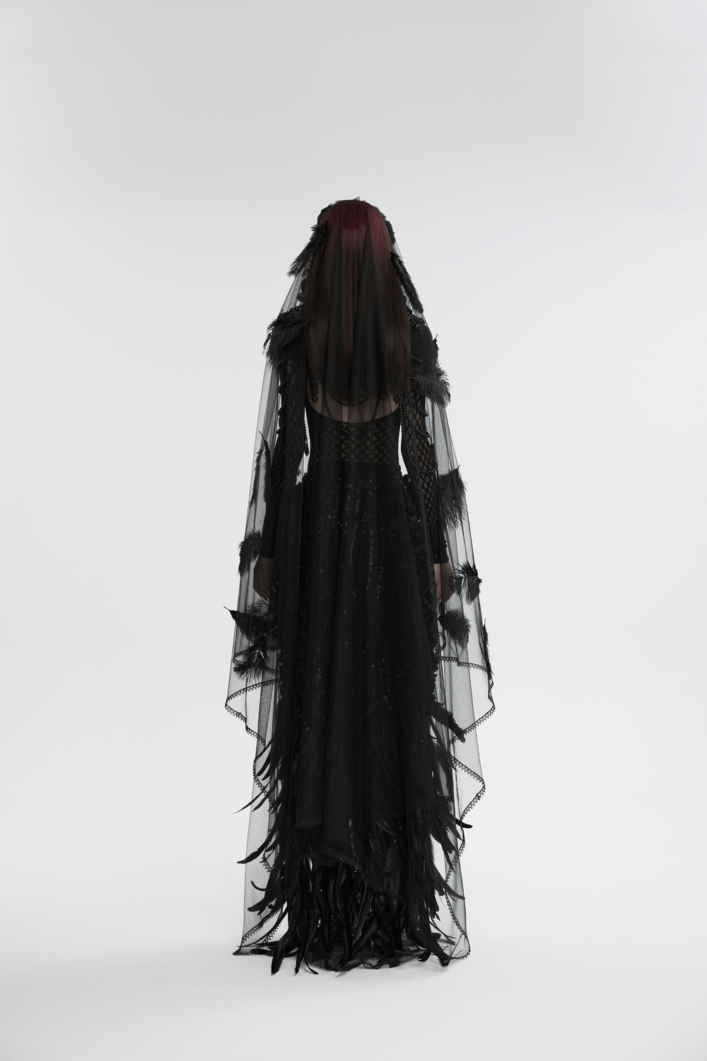 Gothic Mesh Veil with Feather and Rose Accents