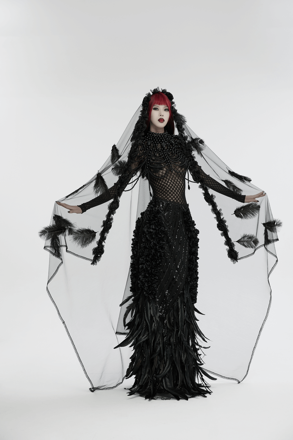 Gothic Mesh Veil with Feather and Rose Accents