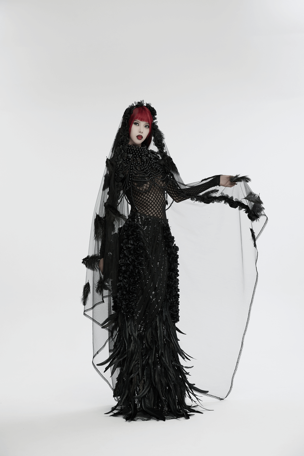 Gothic Mesh Veil with Feather and Rose Accents