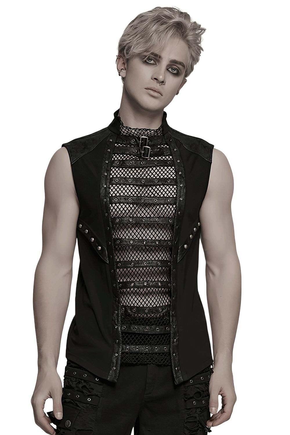 Gothic Mesh Vest with Sleek Faux Leather Edging Trim