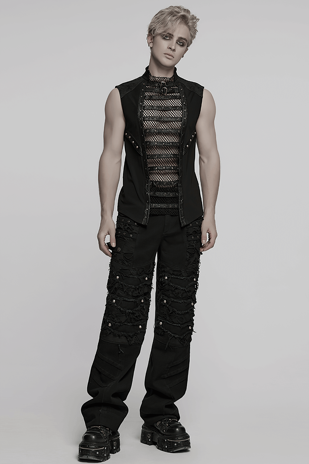 Gothic Mesh Vest with Sleek Faux Leather Edging Trim