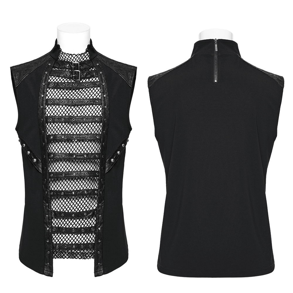 Gothic Mesh Vest with Sleek Faux Leather Edging Trim