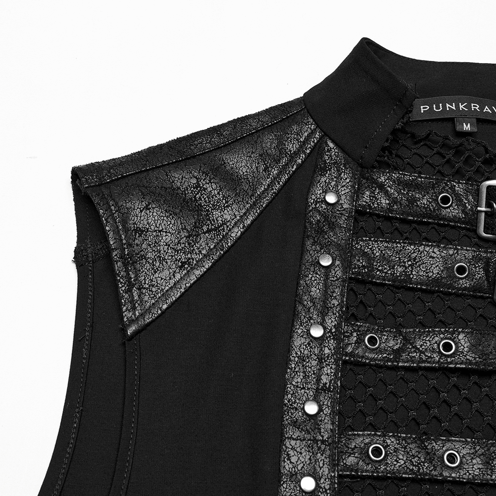 Gothic Mesh Vest with Sleek Faux Leather Edging Trim