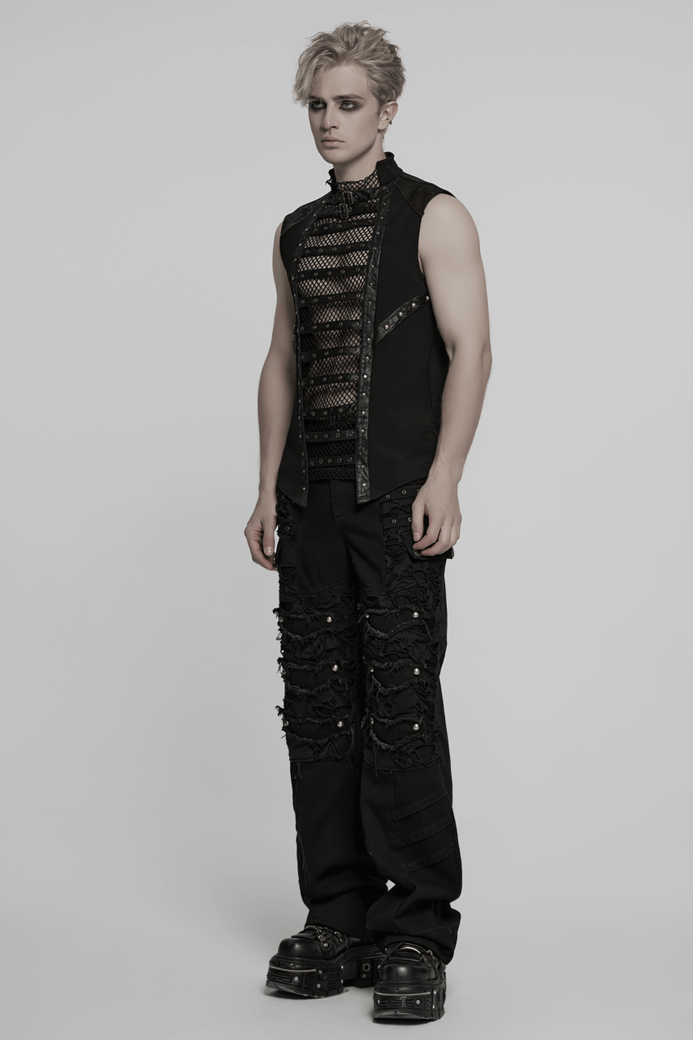 Gothic Mesh Vest with Sleek Faux Leather Edging Trim