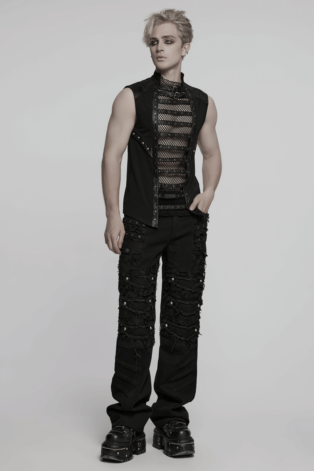 Gothic Mesh Vest with Sleek Faux Leather Edging Trim
