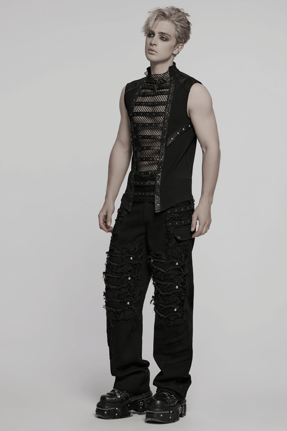 Gothic Mesh Vest with Sleek Faux Leather Edging Trim