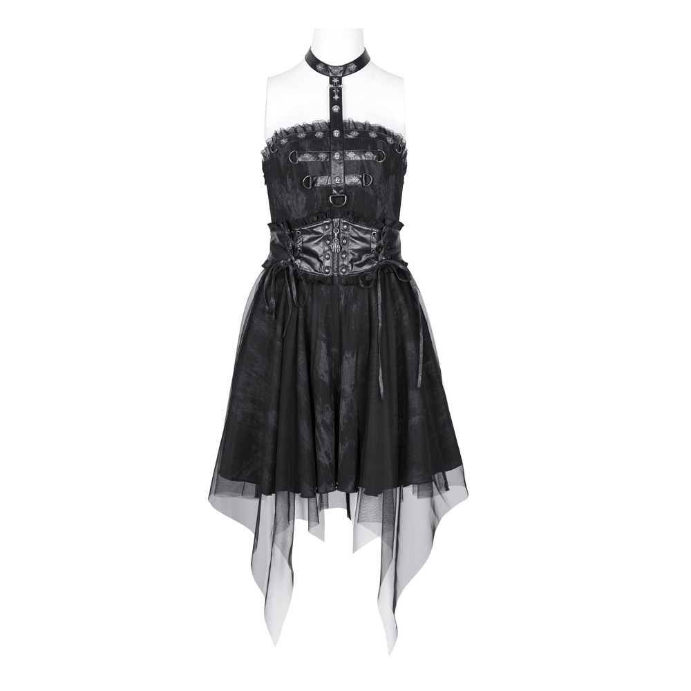 Gothic Mini Dress with Lace-Up Back and Mesh Layering