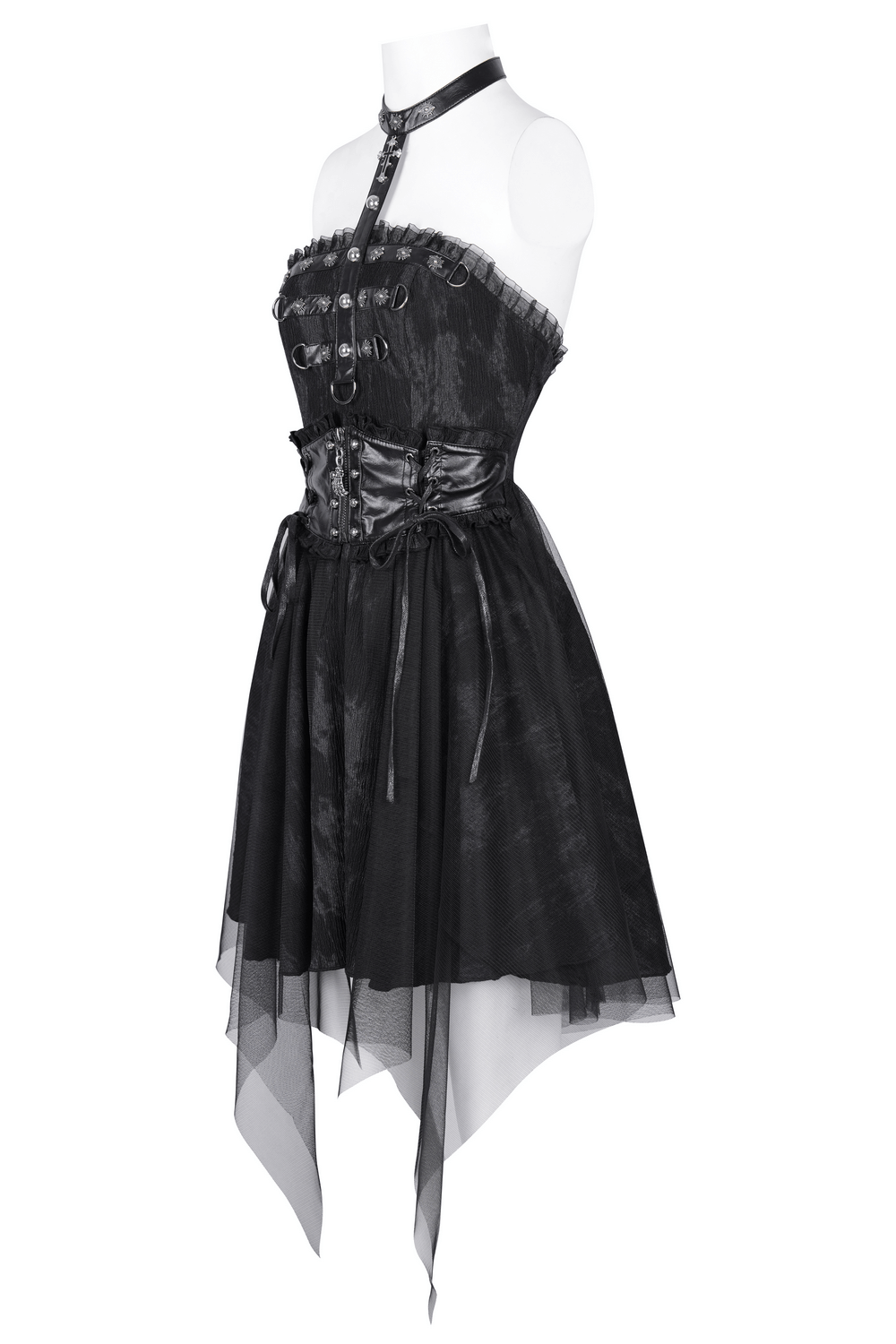 Gothic Mini Dress with Lace-Up Back and Mesh Layering