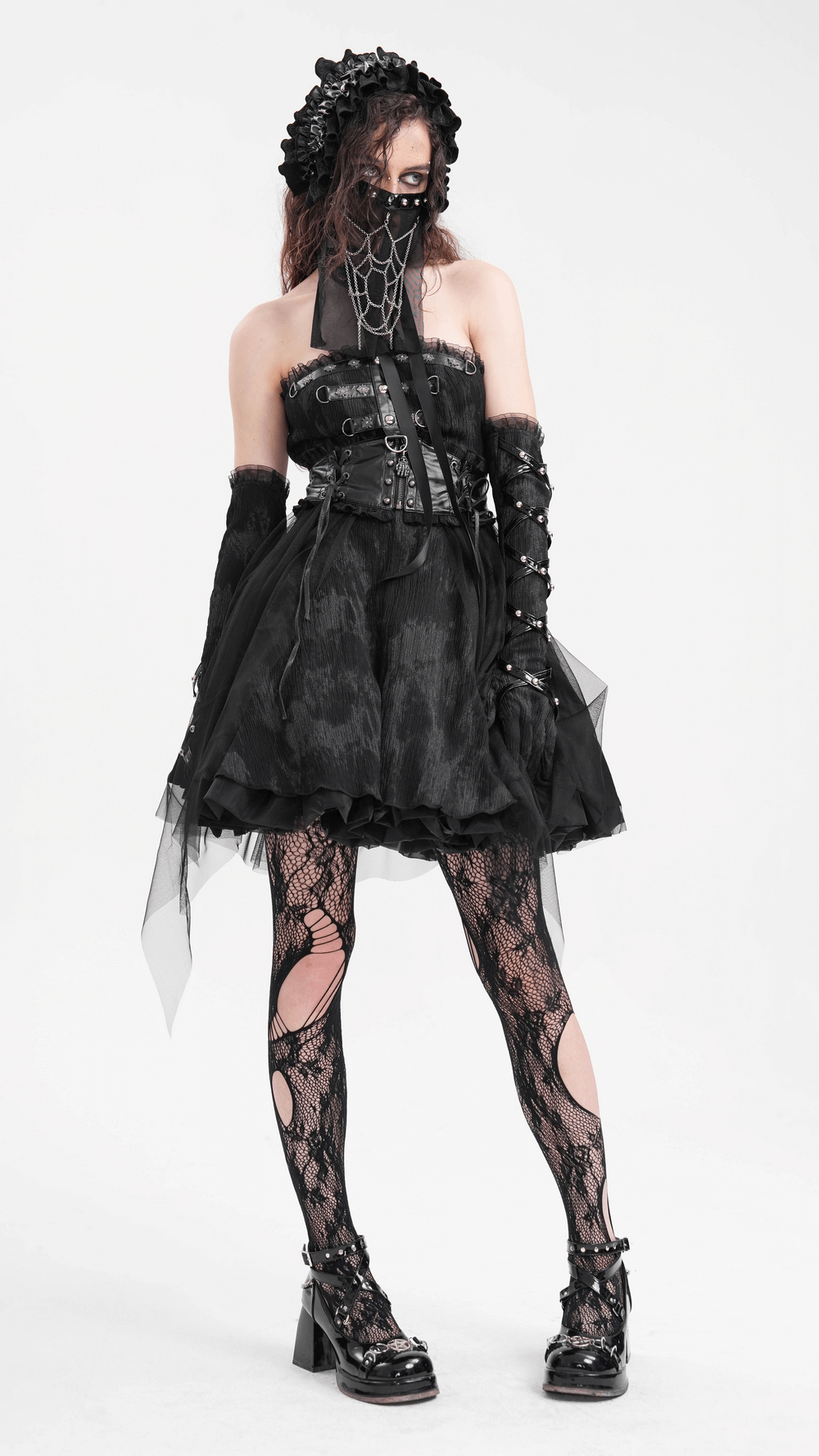 Gothic Mini Dress with Lace-Up Back and Mesh Layering