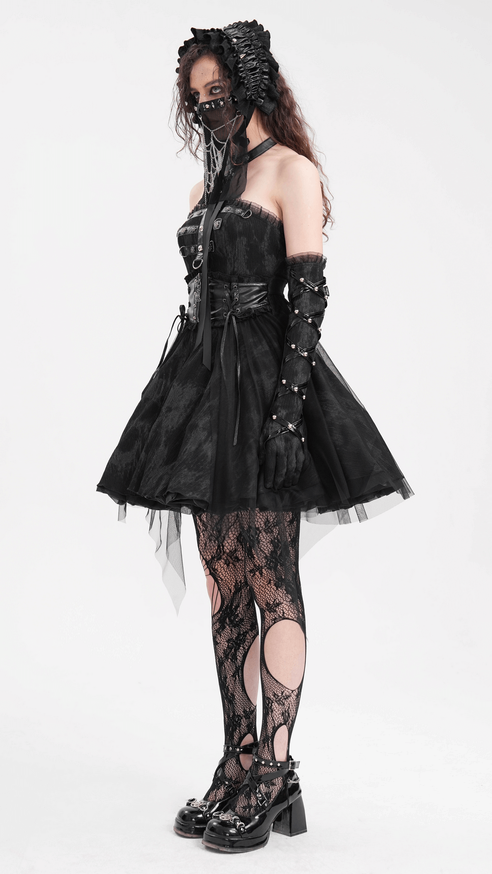 Gothic Mini Dress with Lace-Up Back and Mesh Layering