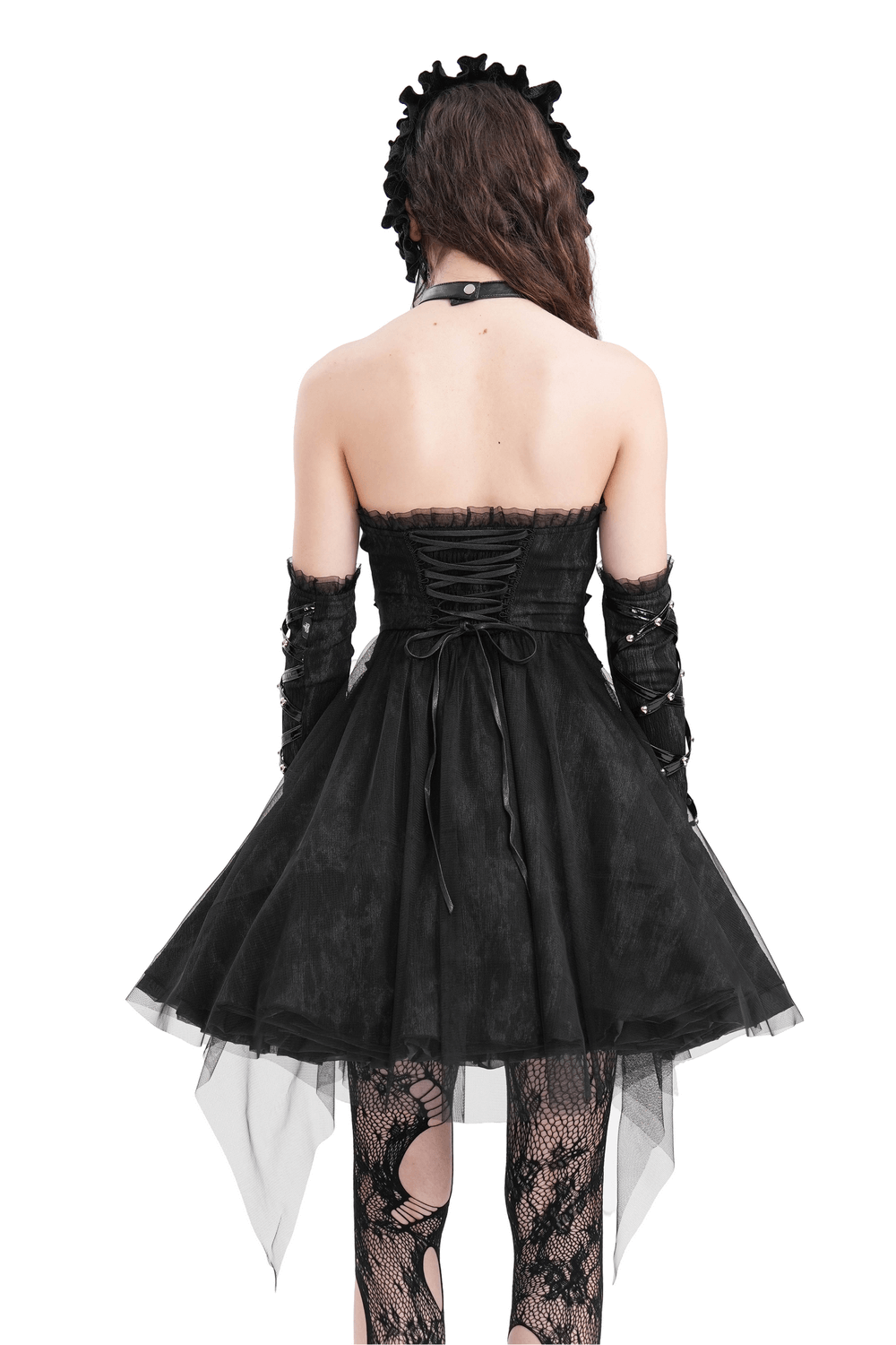 Gothic Mini Dress with Lace-Up Back and Mesh Layering