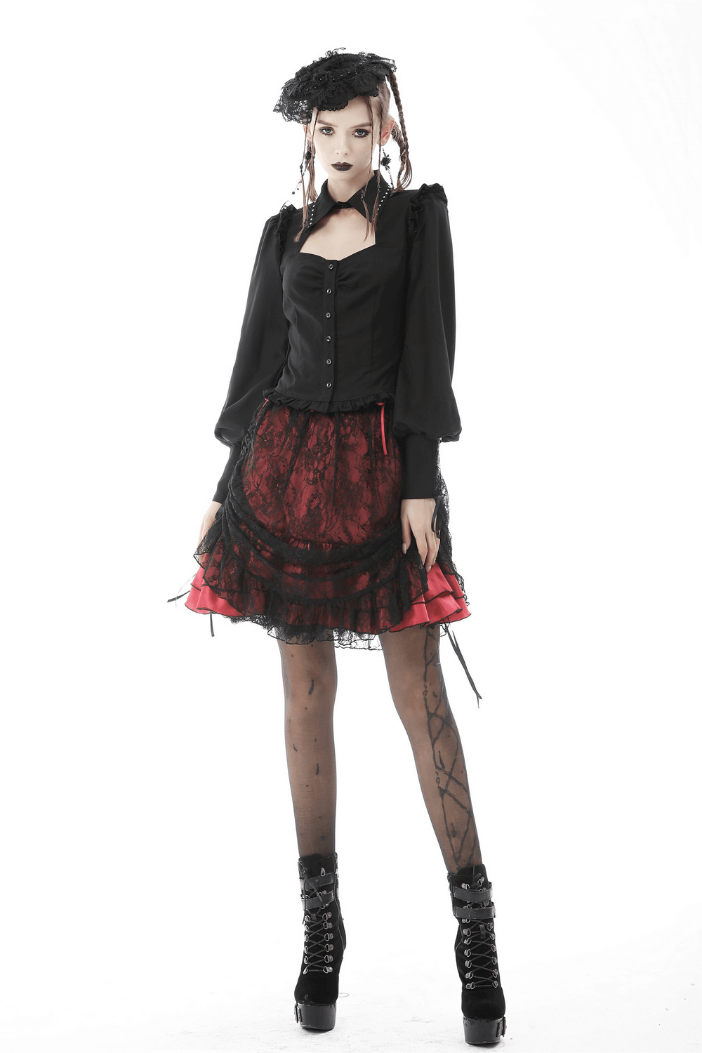 Gothic Mini Skirt with Victorian-Inspired Lace Overlay