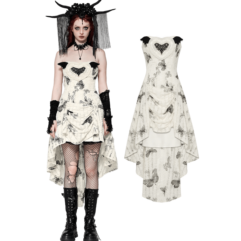 Gothic Off-Shoulder Lace-Up Dress with Butterfly Print Design