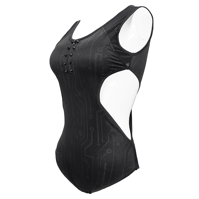 Gothic One-Piece Swimsuit: Sleeveless Zipper and Spikes