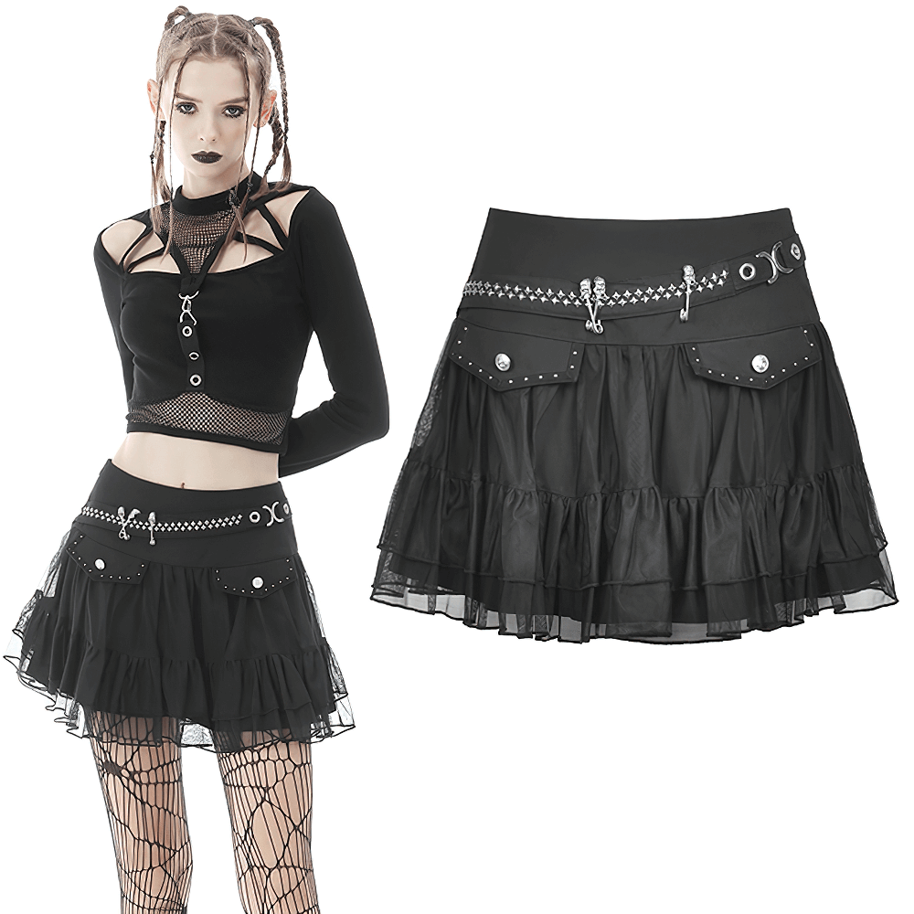 Gothic Pleated Skirt for Women with Studs and Chains