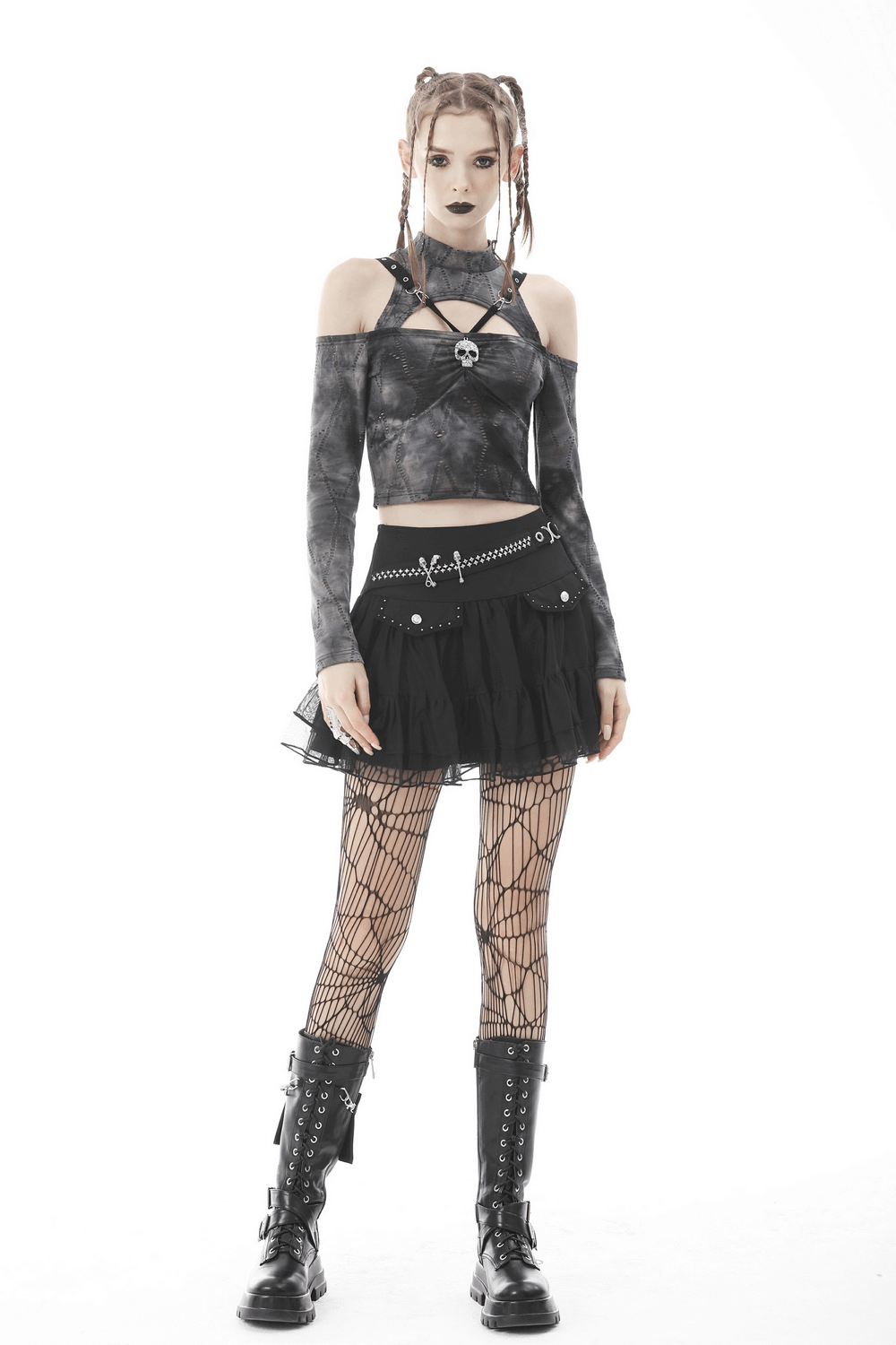 Gothic Pleated Skirt for Women with Studs and Chains
