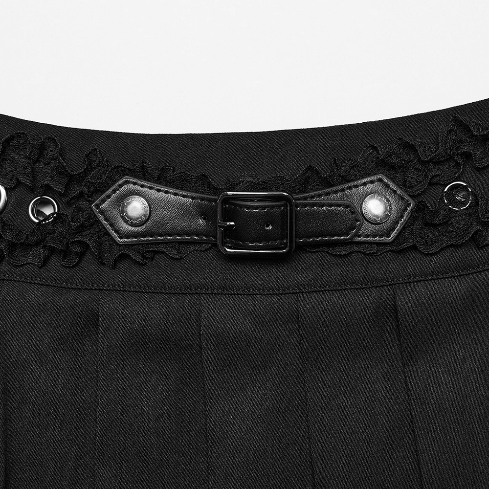 Gothic Pleated Skirt with Intricate Lace and Buckle Accents