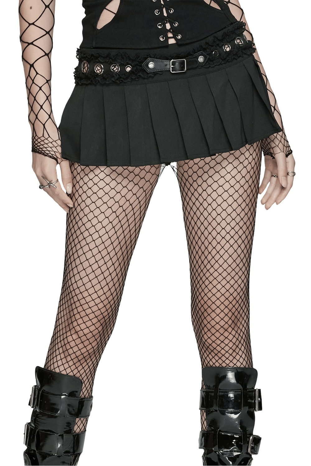 Gothic Pleated Skirt with Intricate Lace and Buckle Accents