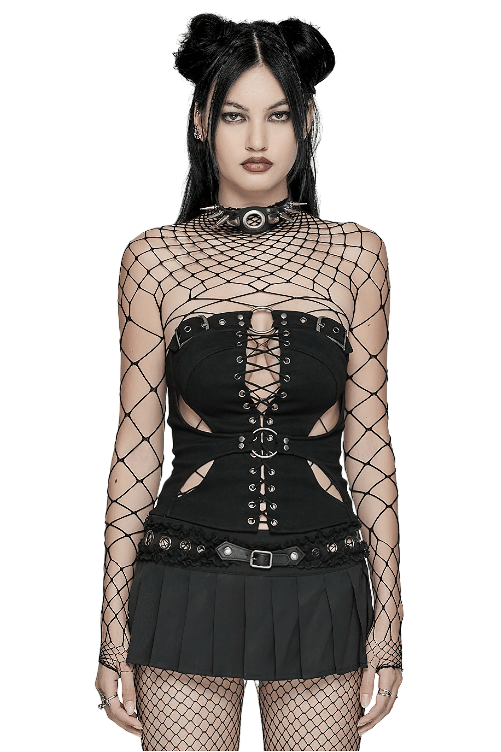 Gothic Punk Black Lace-Up Top with Cut-Out Details