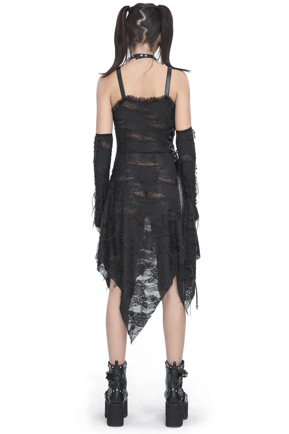 Gothic Punk Black Ripped Dress with Long Gloves