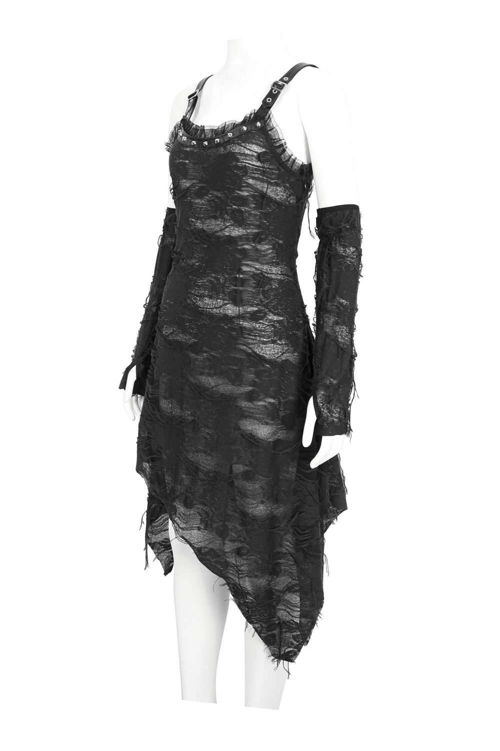 Gothic Punk Black Ripped Dress with Long Gloves