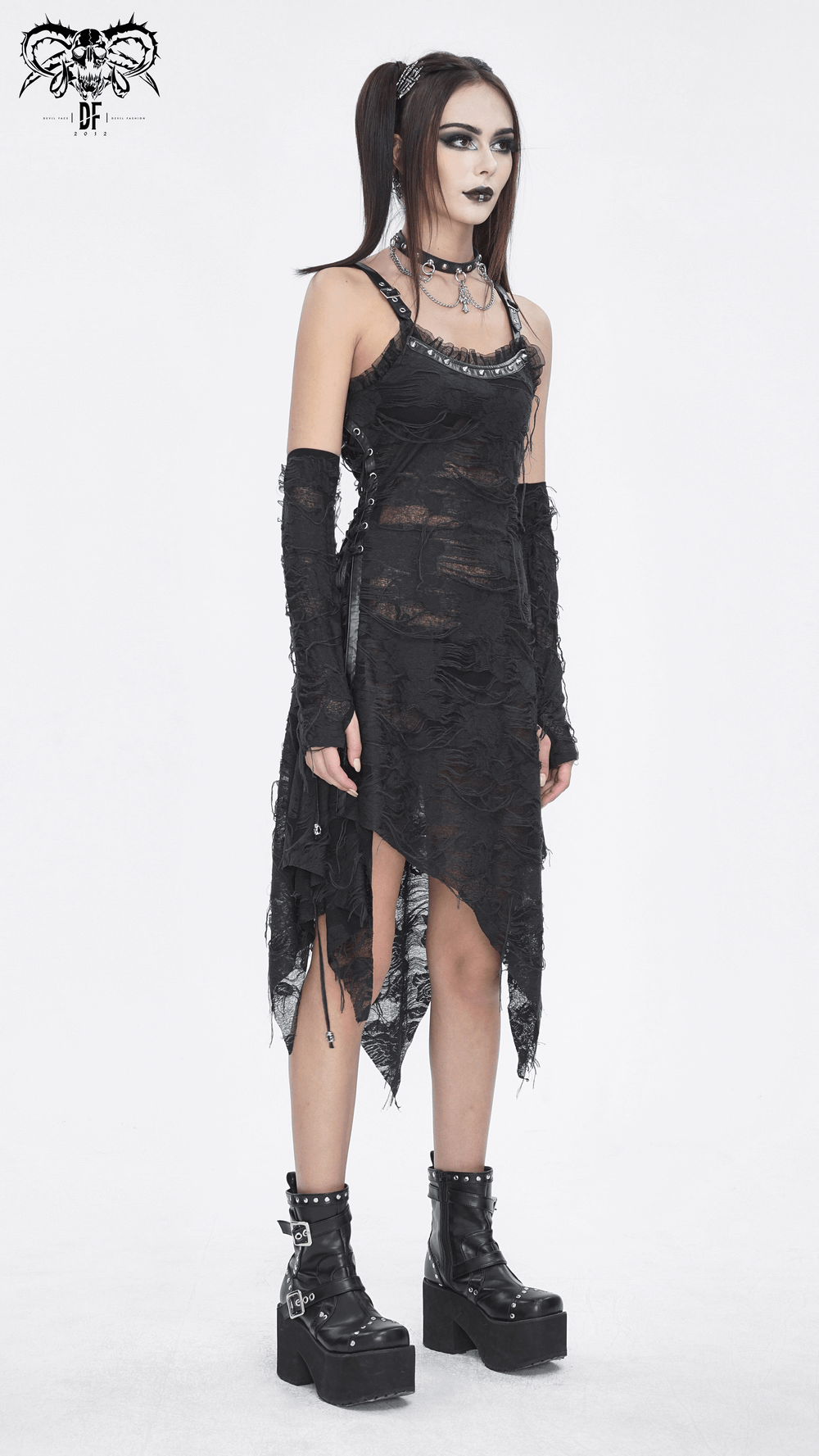 Gothic Punk Black Ripped Dress with Long Gloves