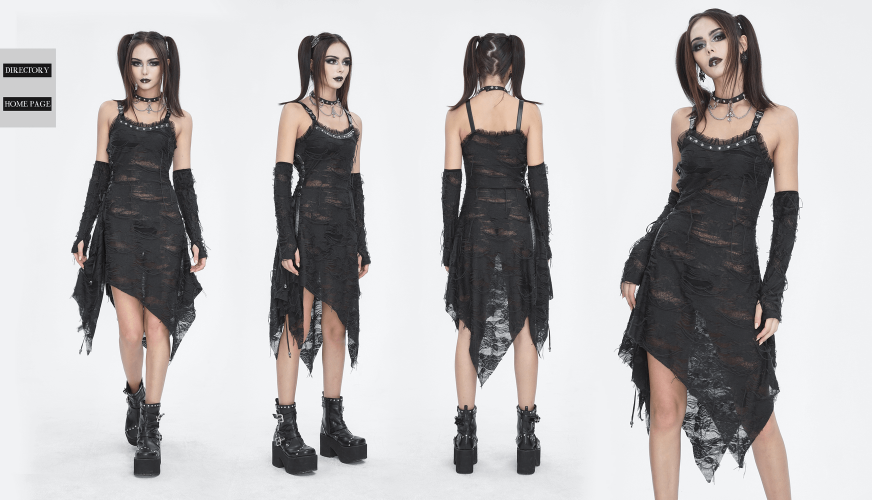 Gothic Punk Black Ripped Dress with Long Gloves