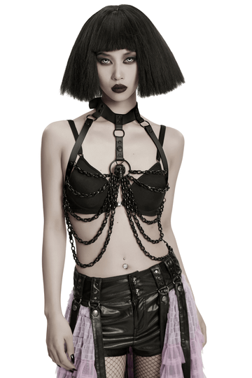 Gothic Punk Skull Harness with Chains and Removable Bow