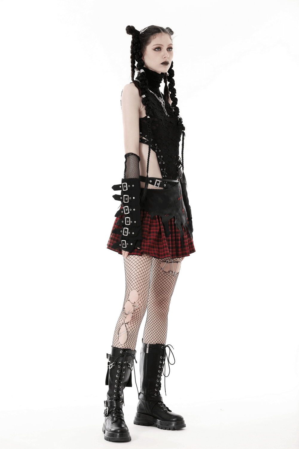 Gothic Red and Black Plaid Skirt with Cross Embellishment