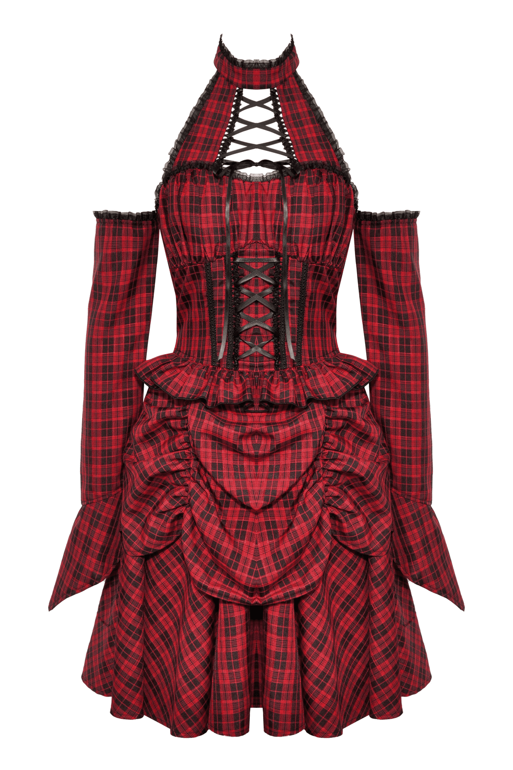 Gothic Red Plaid Corset Dress with Ruffled Accents