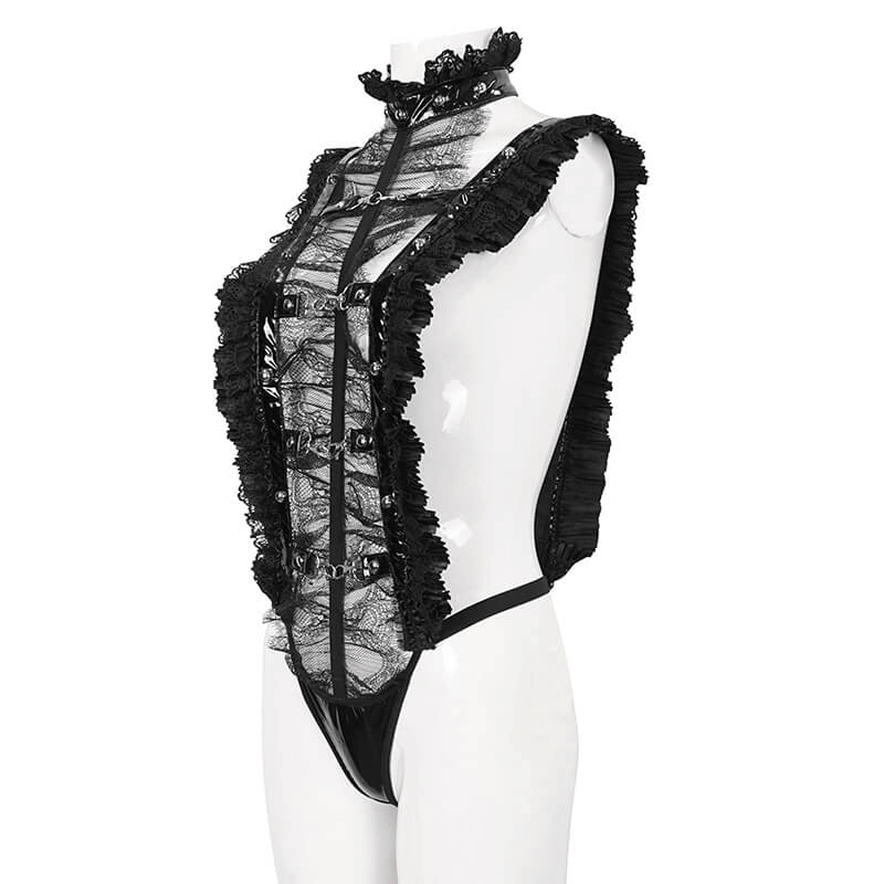 Gothic Ruffled Lace Lingerie Bodysuit With Stand Collar