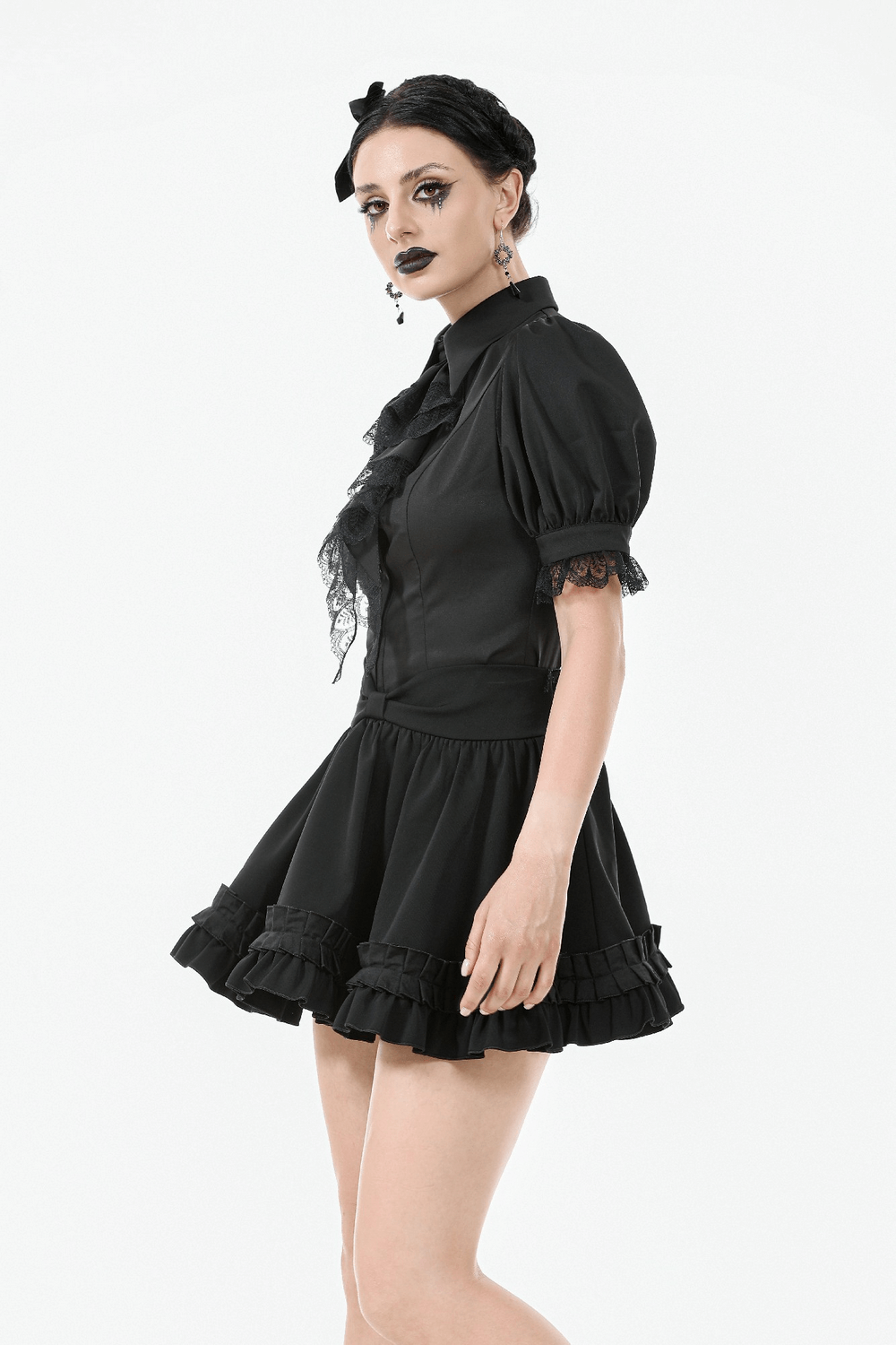 Gothic Satin Layered Mini Skirt with Ruffles and Bow Detail