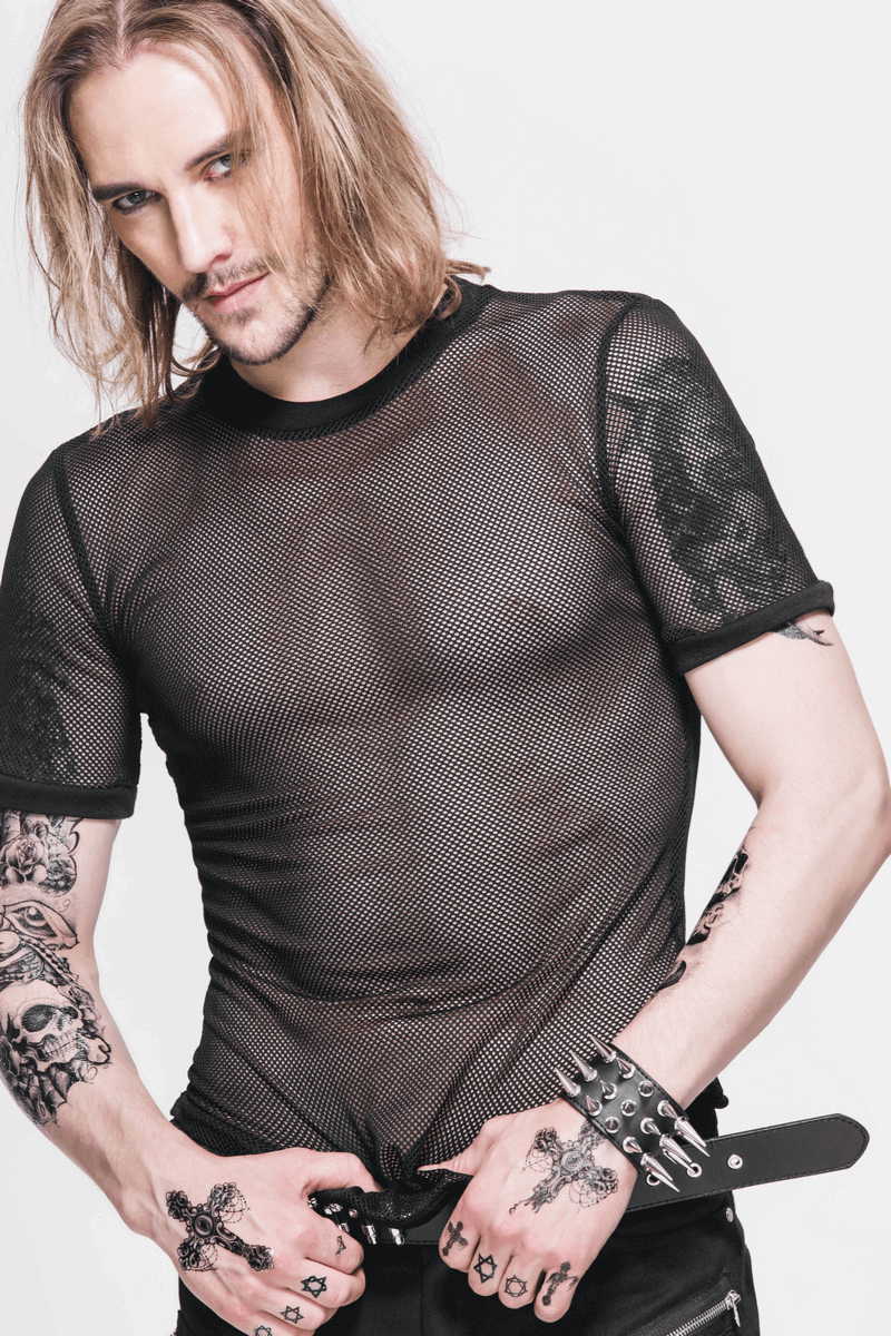 Gothic Sheer Mesh Tee / Fitted Black Elastic T-Shirt