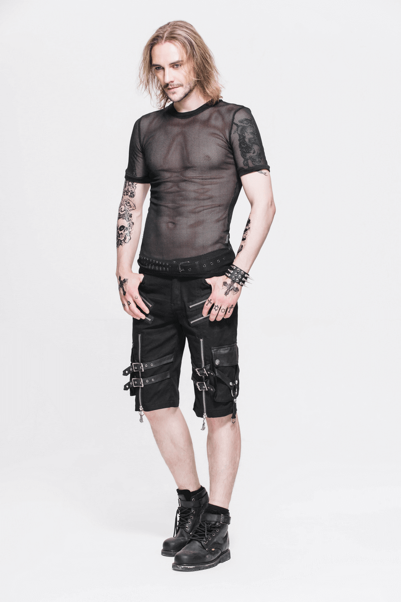 Gothic Sheer Mesh Tee / Fitted Black Elastic T-Shirt