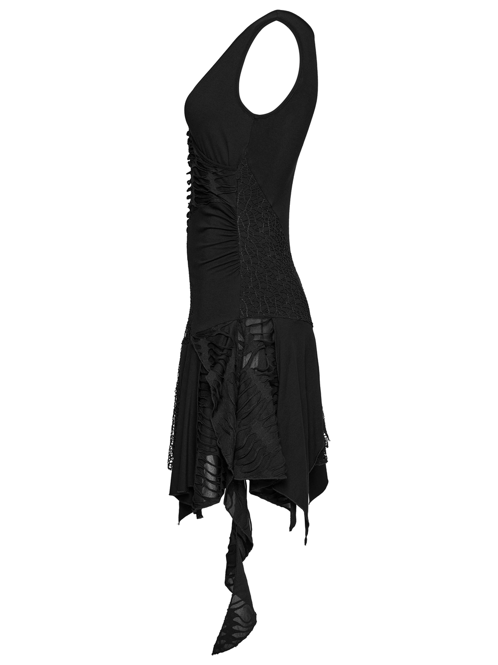 Gothic Sleeveless Dress Featuring Mesh and Asymmetrical Hem