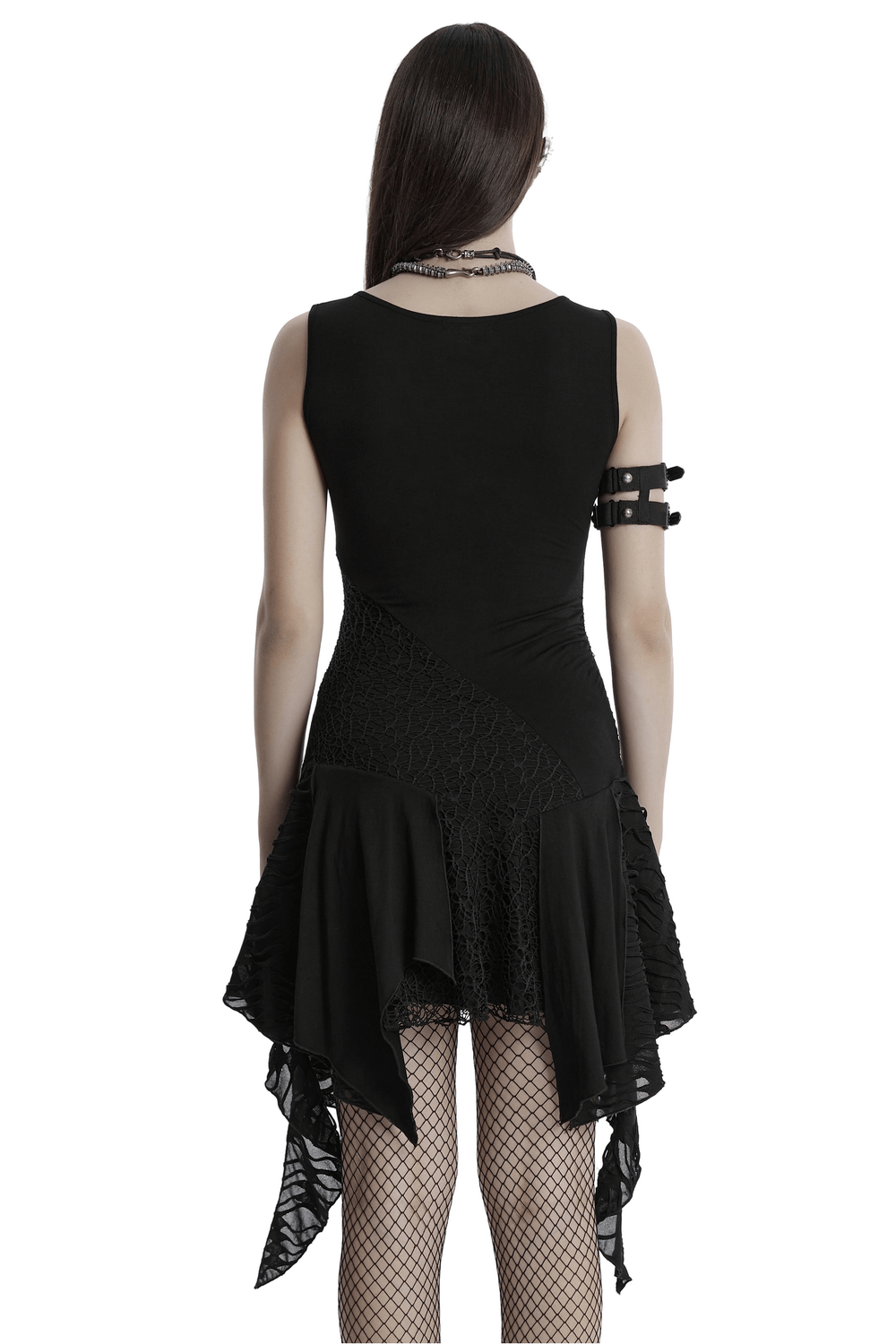 Gothic Sleeveless Dress Featuring Mesh and Asymmetrical Hem