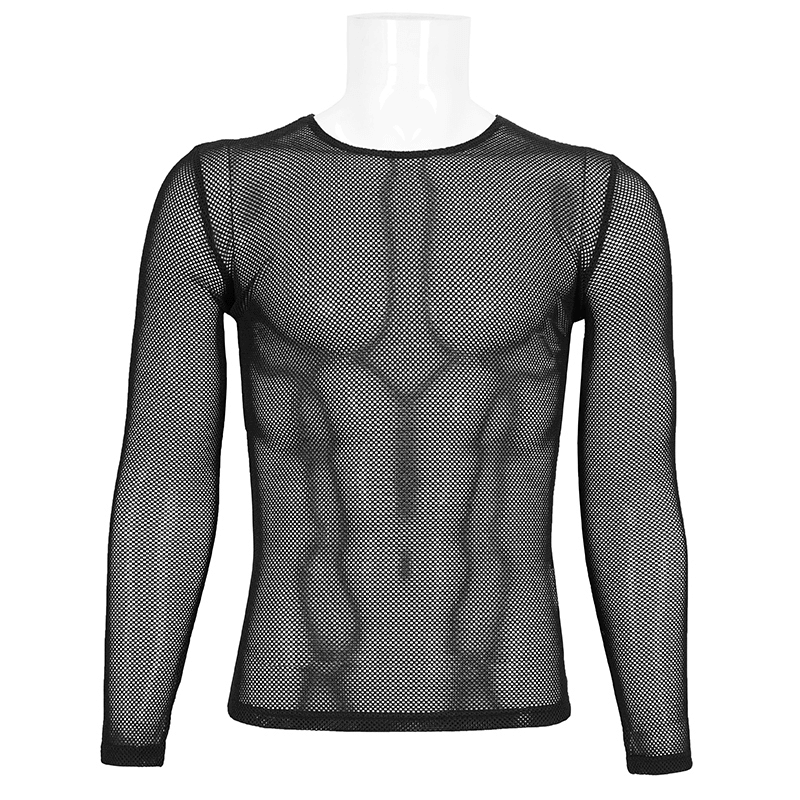 Gothic Style Black Long-Sleeved Mesh Top for Men
