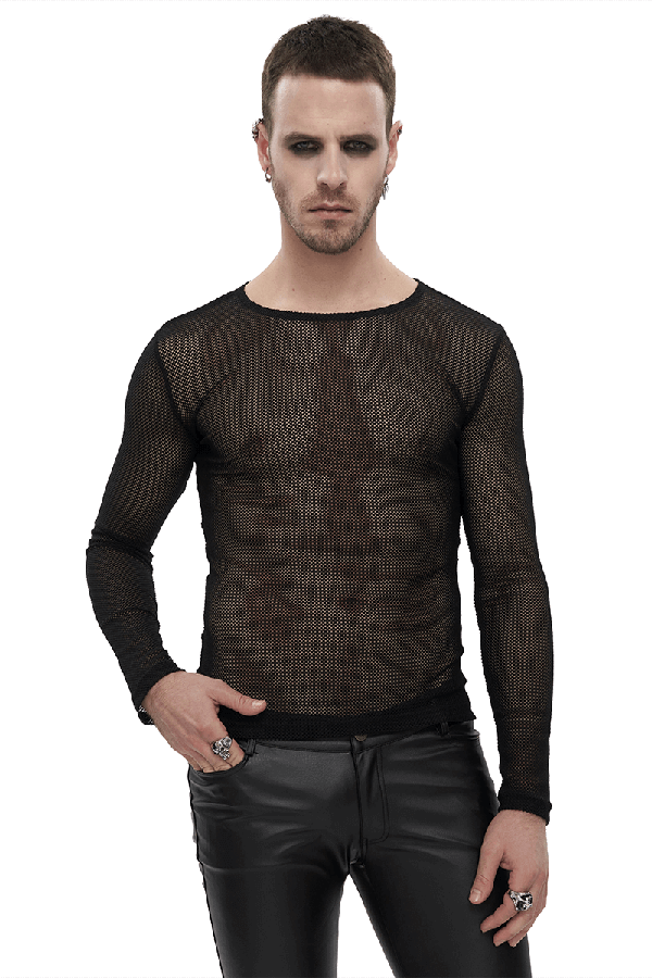 Gothic Style Black Long-Sleeved Mesh Top for Men