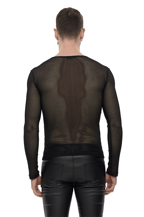 Gothic Style Black Long-Sleeved Mesh Top for Men