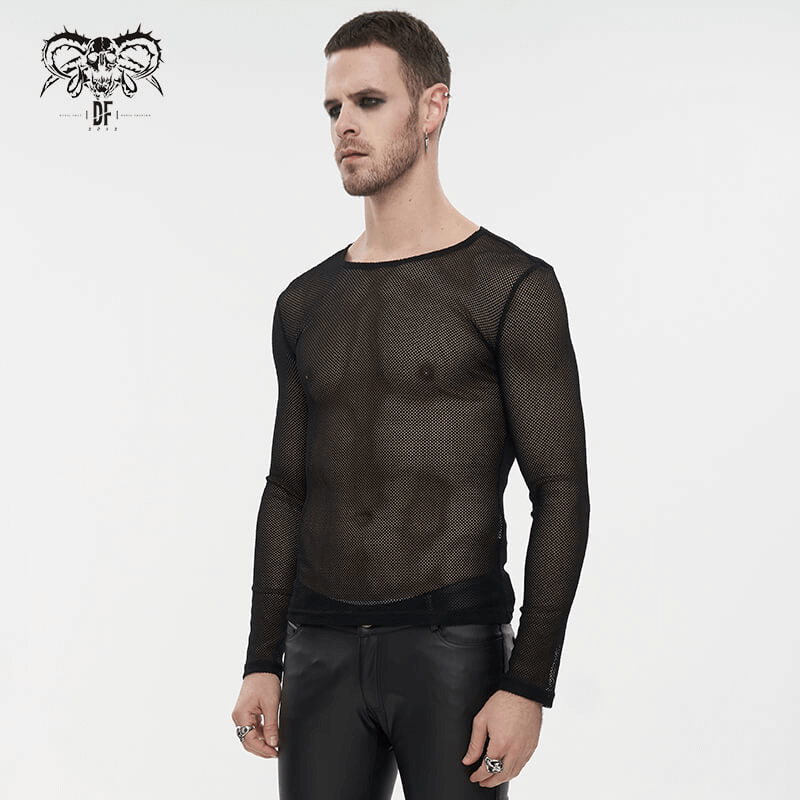 Gothic Style Black Long-Sleeved Mesh Top for Men
