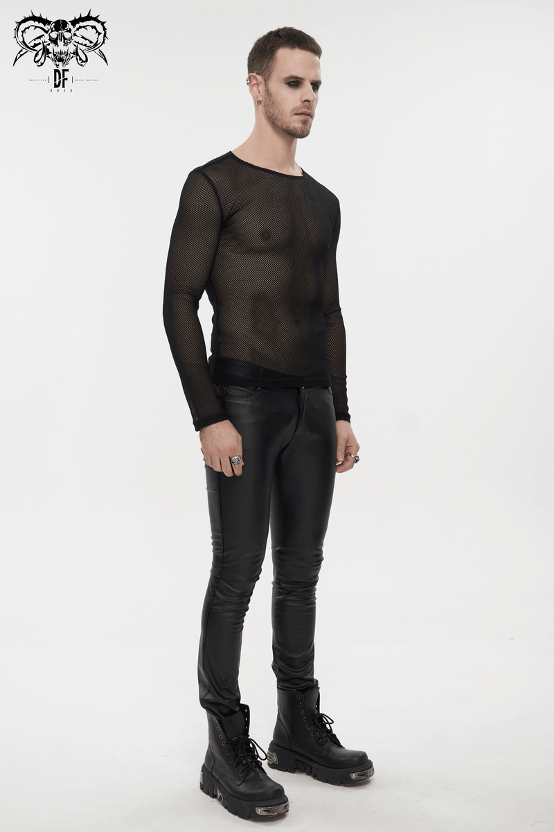 Gothic Style Black Long-Sleeved Mesh Top for Men