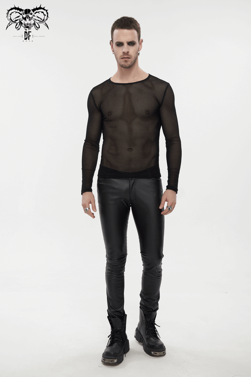 Gothic Style Black Long-Sleeved Mesh Top for Men