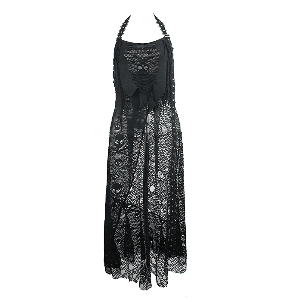 Gothic Style Maxi Dress with Skull Pattern And Belt